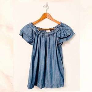 loft off the shoulder summer chambray denim ruffle peasant top S small